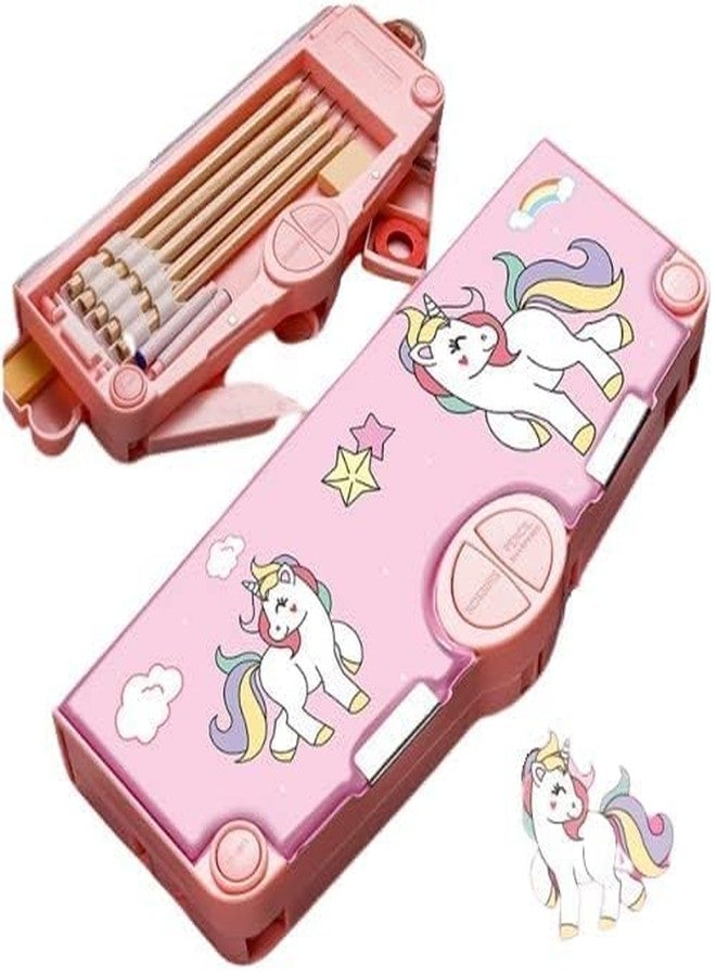 Parshya Plastic Multifunctional Cute School Pencil Box,Unicorn Compass Box For Boys,Geometry Pencil Box For Kids With Inbuilt Scissor,Ruler,Eraser & Sharpener,Magnetic Pencil Box (Multicolor) - Image 1